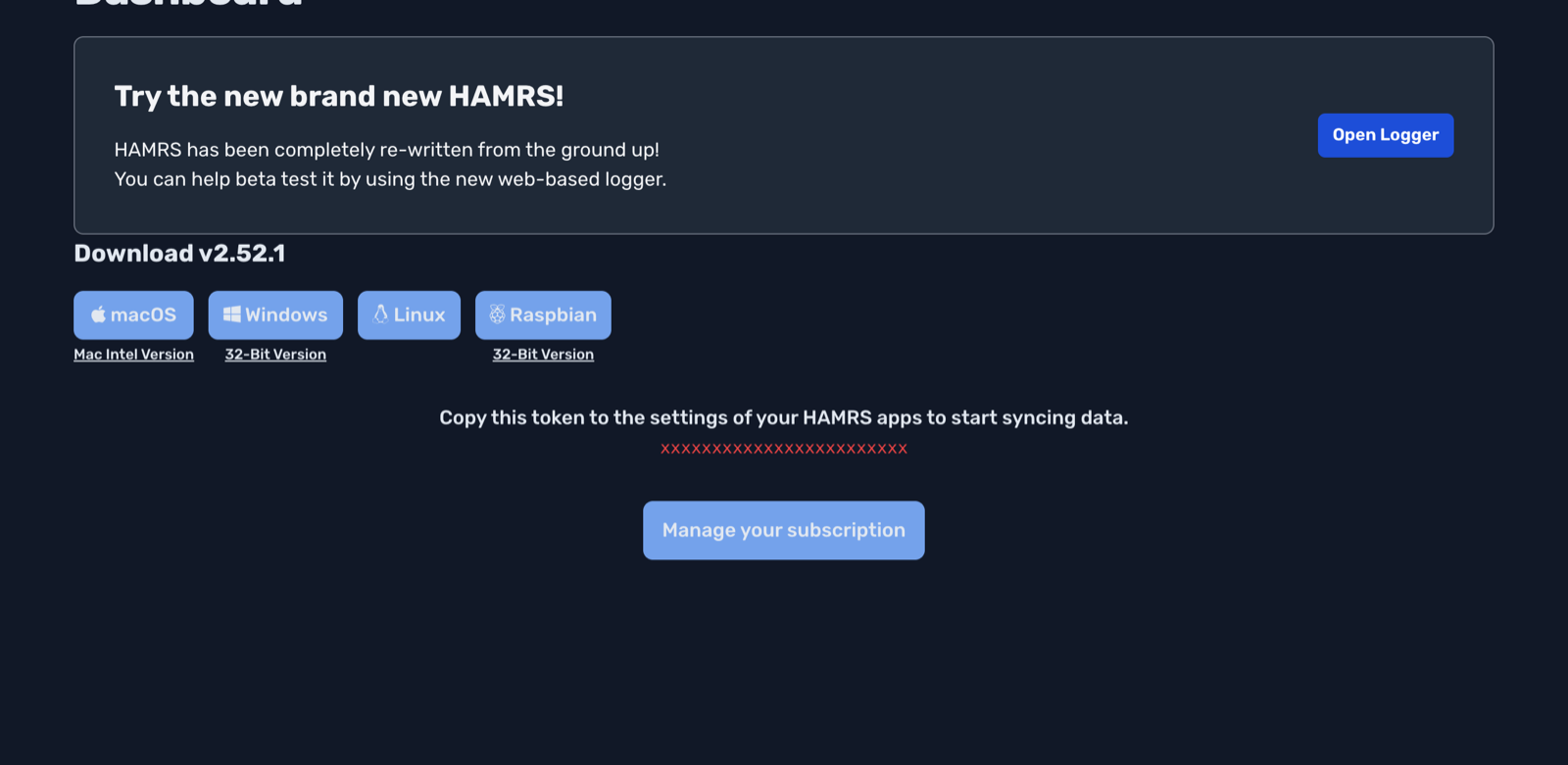 hamrs.app Dashboard showing the sync token