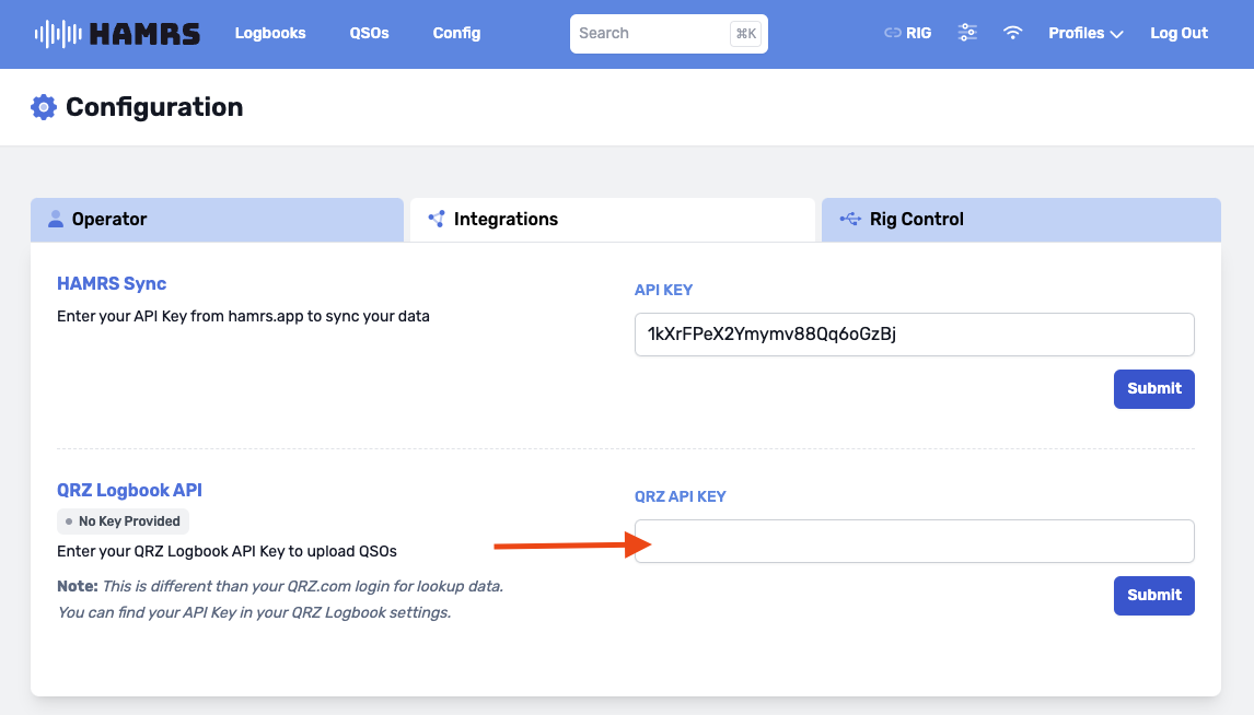 QRZ Logbook Settings Button