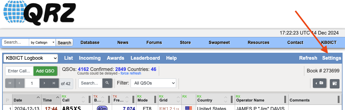 QRZ Logbook Settings Button